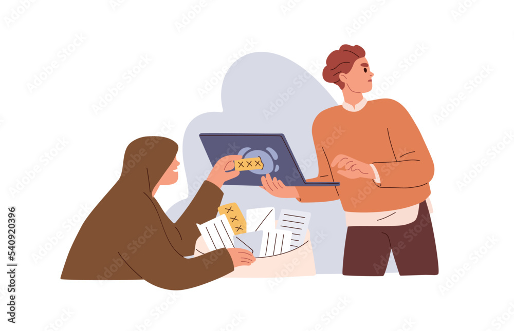 Online scam, fraud, cyber crime concept. Hacker, scammer attacking personal data, stealing sensitive information and access, password to account. Flat vector illustration isolated on white background