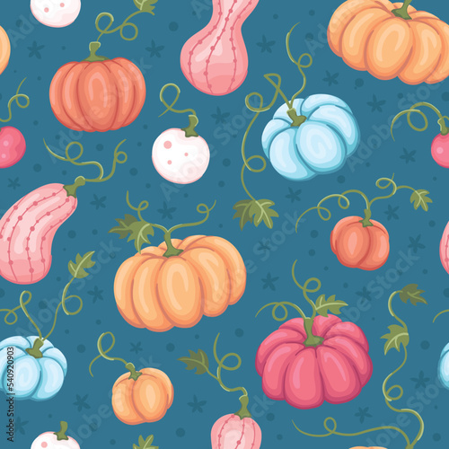 Seamless repeated surface vector pattern design with colorful pumpkins and vines on a dark blue background
