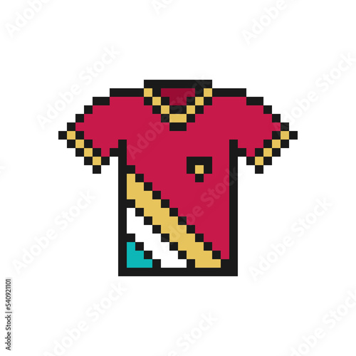 Football or soccer jersey icon in pixel art design isolated on white background.