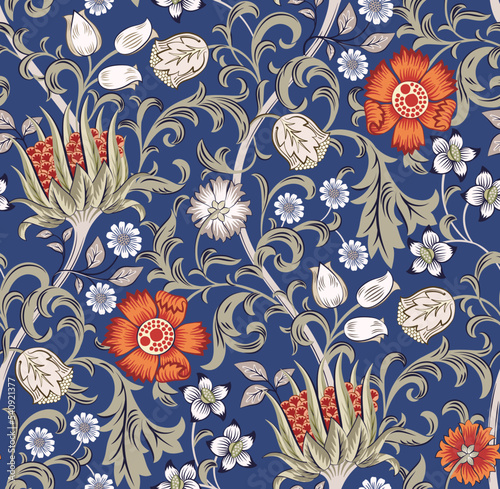 Floral seamless pattern with field of flowers on blue background. Vector illustration.