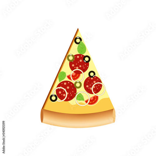 Juicy pizza with salami, basil and tomatoes.