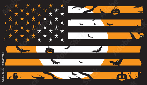 American flag Halloween with owls, pumpkins and bats, orange art background USA vector. 
