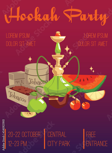 Hookah party invitation or advertising banner design, flat vector illustration.