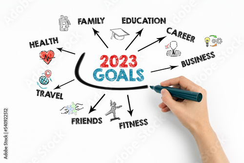 2023 Goals Concept. Chart with keywords and icons on white background