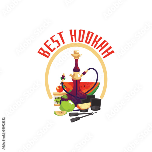 Hookah with fruits, coals and tongs flat style, vector illustration