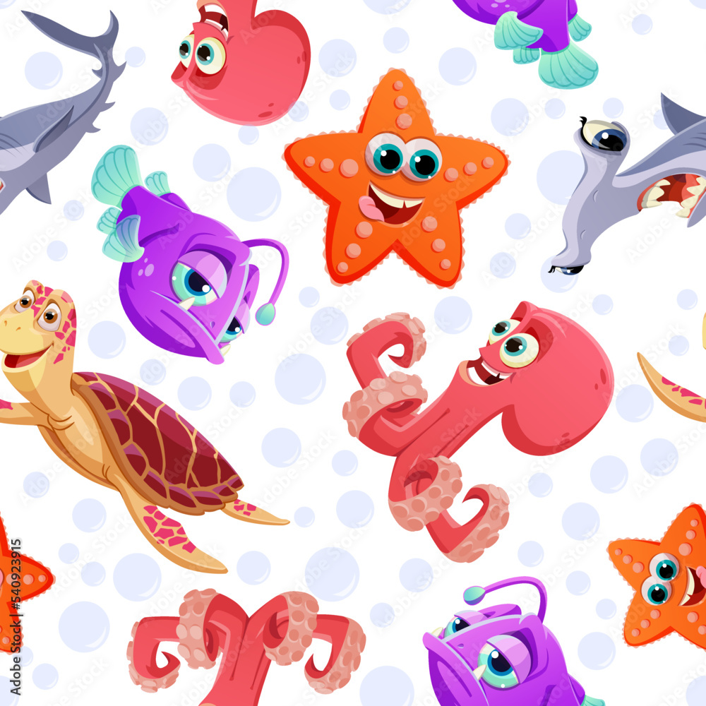 Cartoon pattern of marine life on a white background for print and design. Vector illustration. Cartoon pattern of marine life on a white background for print and design. Vector illustration.