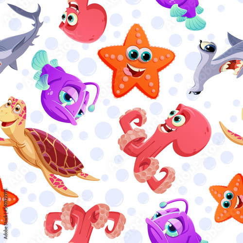 Cartoon pattern of marine life on a white background for print and design. Vector illustration. © Server