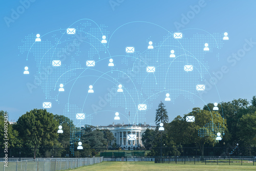The White House on sunny day, Washington DC, USA. Executive branch. President administration. Social media hologram. Concept of networking and establishing new people connections
