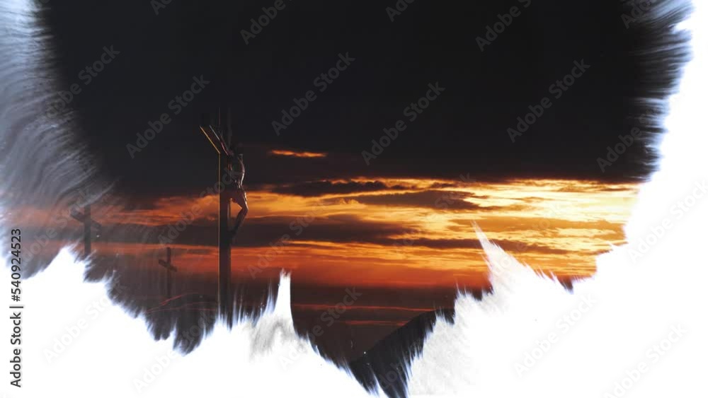Red sunset sky The cross of Jesus Christ symbolizing death and resurrection and ink smearing and spreading effect background
