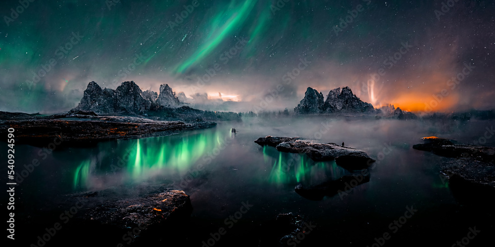 northen lights over the mountains
