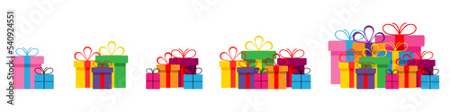 Set of colorful gift boxes with ribbons and bows.A pile of gift boxes. Presents in colorful wrapping with ribbons.Gift boxes stack in flat style.Cute present boxes on white background