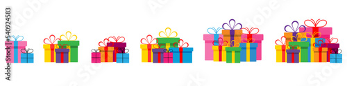 Set of colorful gift boxes with ribbons and bows.A pile of gift boxes. Presents in colorful wrapping with ribbons.Gift boxes stack in flat style.Cute present boxes on white background