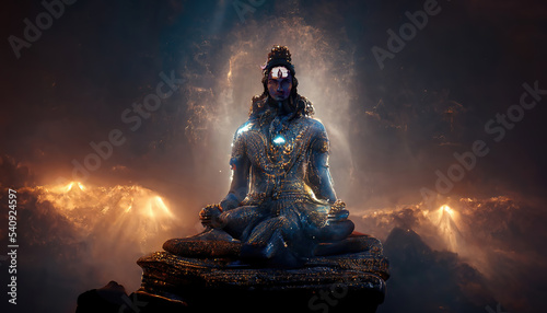 AI generated image of Hindu god Shiva, meditating on Mount Kailasa in the Himalayas  photo
