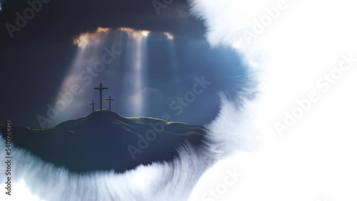 A bright ray of light shines on the cross of Jesus Christ, symbolizing death and resurrection in the dark sky, ink dripping and spreading effect background
