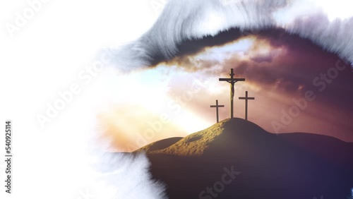 The cross of Jesus Christ symbolizing the death and resurrection of the red sunset sky and the ink smearing effect background
