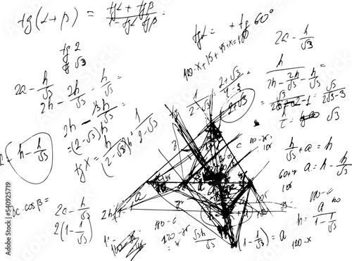 Set of mathematical formulas and solutions to problems and equations. Homework of a student. Vector image of algebra and geometry tasks.