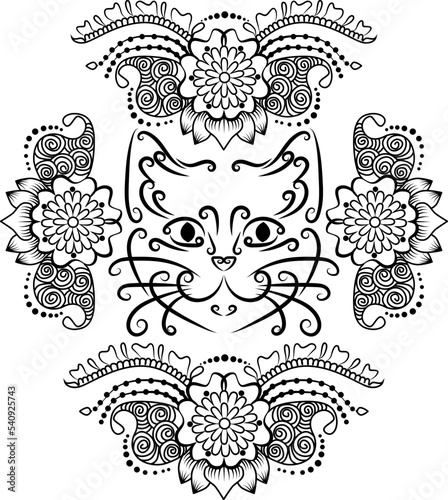 Vector cat curl. Cat face with flowers.