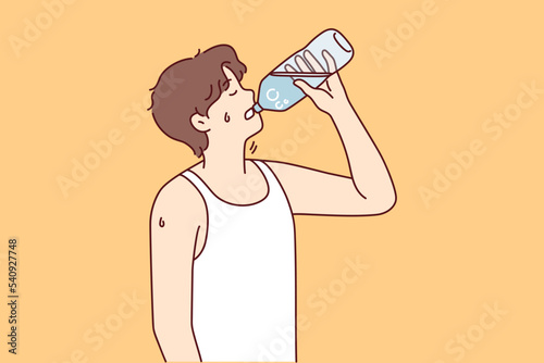 Thirsty young man suffer from heatstroke drinking water from bottle. Guy enjoy clean still liquid struggle with thirst or heat. Vector illustration. 