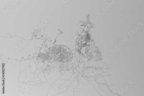 Map of the streets of Djibouti made with black lines on grey paper. Top view. 3d render, illustration photo
