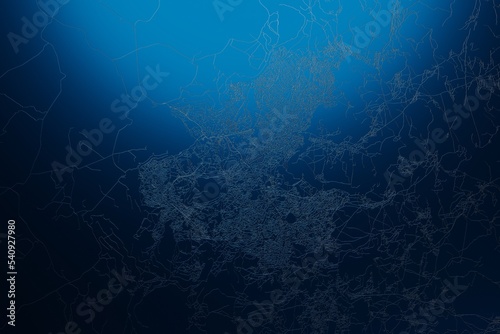 Street map of Maseru (Lesotho) engraved on blue metal background. View with light coming from top. 3d render, illustration