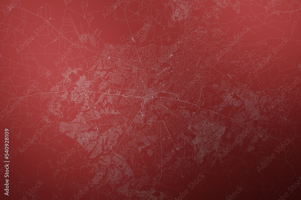 Map of the streets of Harare (Zimbabwe) made with white lines on abstract red background lit by two lights. Top view. 3d render, illustration