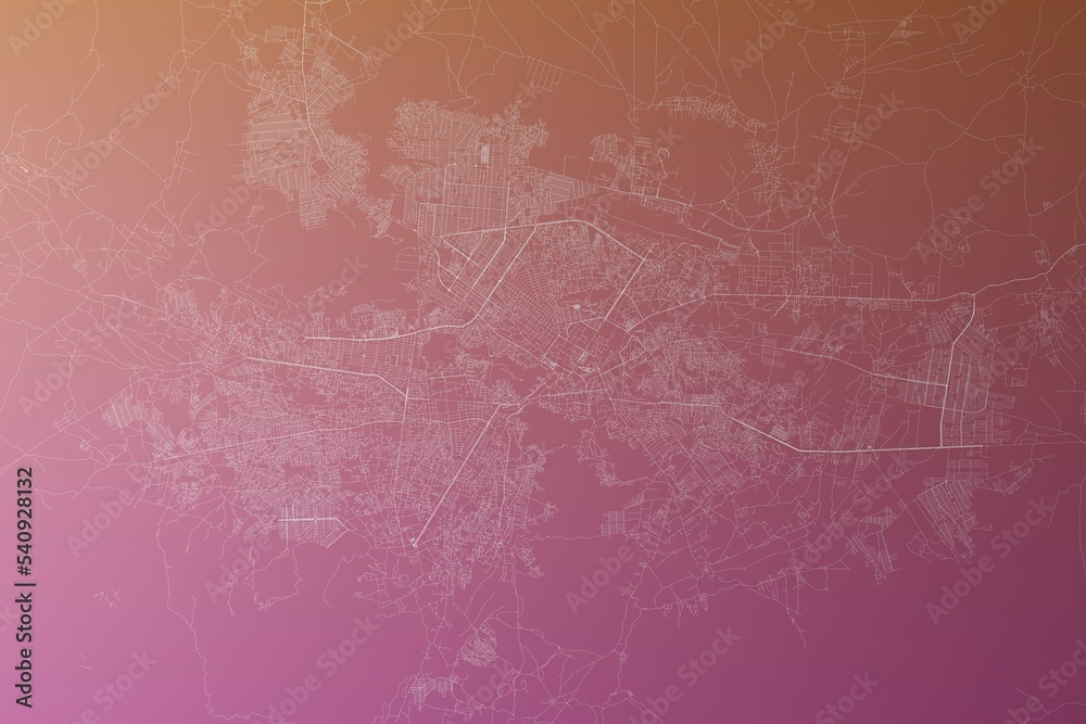 Map of the streets of Kabul (Afghanistan) made with white lines on pinkish red gradient background. Top view. 3d render, illustration