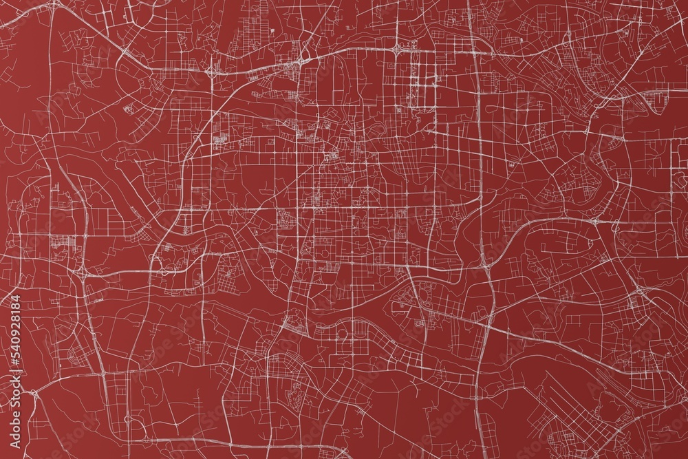 Map of the streets of Foshan (China) made with white lines on red background. Top view. 3d render, illustration Map of the streets of Foshan (China) made with white lines on red background. Top view. 3d render, illustration