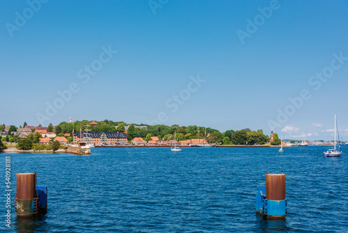 Kiel, Germany, Aug. 2019 Kieler Förde Blick von der Schleuse des Nord-Ostsee-Kanals auf den Tiessenkai am Holtenauer Ufer