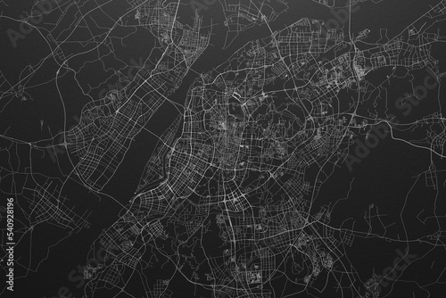 Street map of Nanjing (China) on black paper with light coming from top