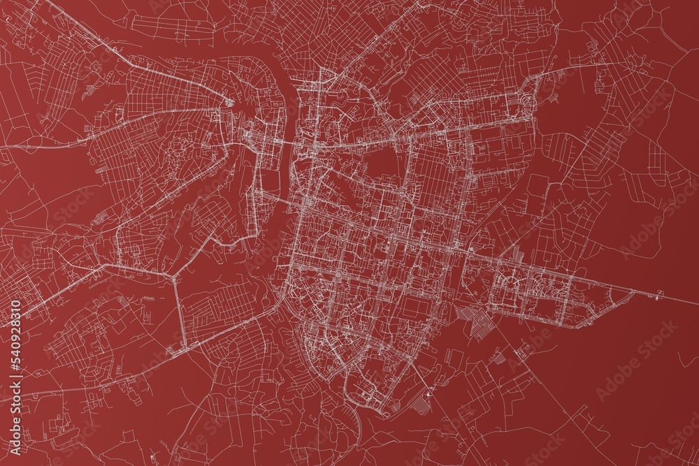 Map of the streets of Vitebsk (Belarus) made with white lines on red background. Top view. 3d render, illustration