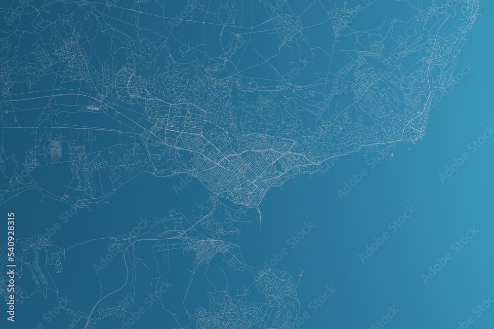 Map of the streets of Varna (Bulgaria) made with white lines on blue paper. Rough background. 3d render, illustration