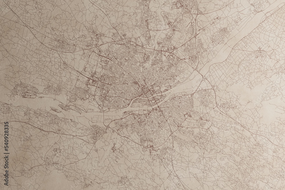 Naklejka premium Map of Nantes (France) on an old vintage sheet of paper. Retro style grunge paper with light coming from right. 3d render