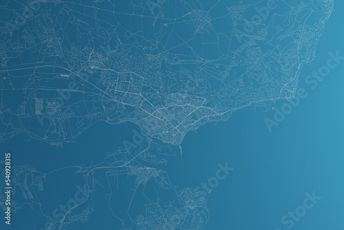 Map of the streets of Varna (Bulgaria) made with white lines on blue paper. Rough background. 3d render, illustration