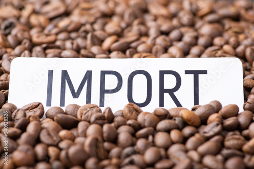 Import paper on roasted coffee beans. Trade of coffee around the world concept