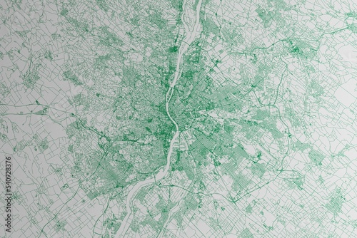 Map of the streets of Budapest (Hungary) made with green lines on white paper. 3d render, illustration