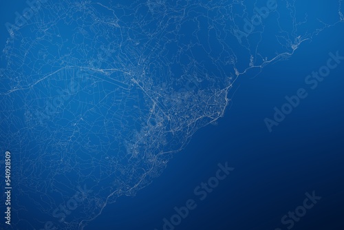 Stylized map of the streets of Santa Cruz de Tenerife (Canary islands, Spain) made with white lines on abstract blue background lit by two lights. Top view. 3d render, illustration