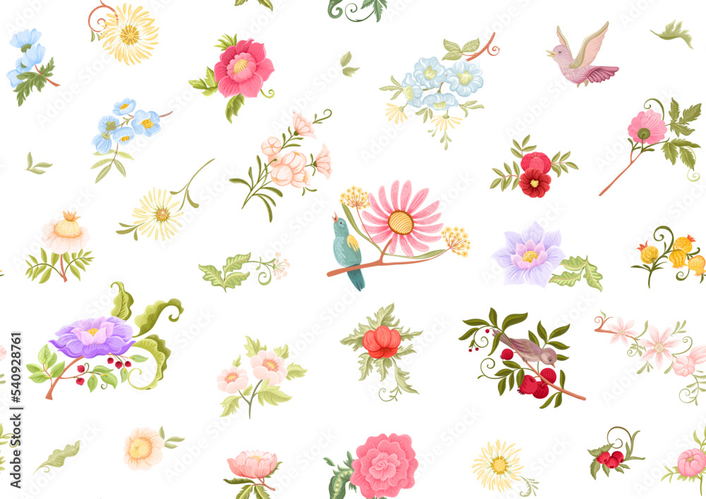 Fantasy flowers and birds in retro, vintage, jacobean embroidery style. Millefleurs seamless pattern, background. Vector illustration. Multicolor.