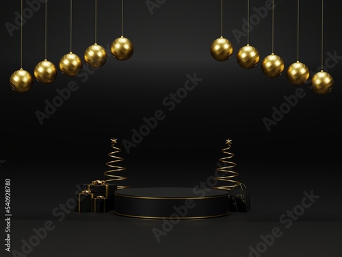 Background 3d render Christmas and new year gold and black colors Background. 3d design Christmas and new year luxury . Merry Christmas and Happy New Year Background concept. 3D illustration