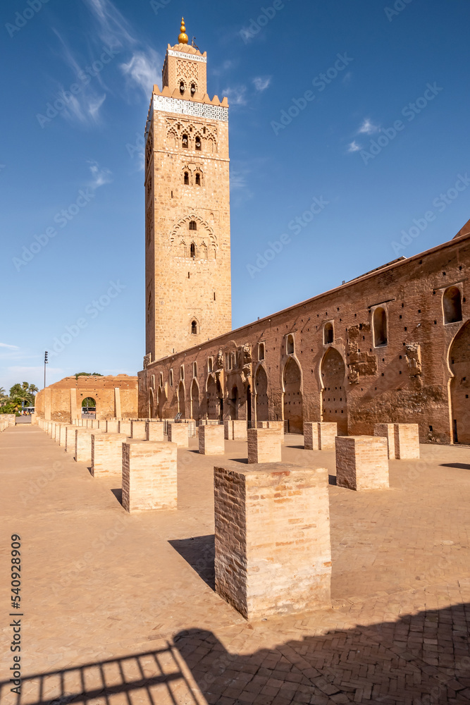 View at the Minaret of Koutoubia Mosque in the streets of Marrakesh in Morocco