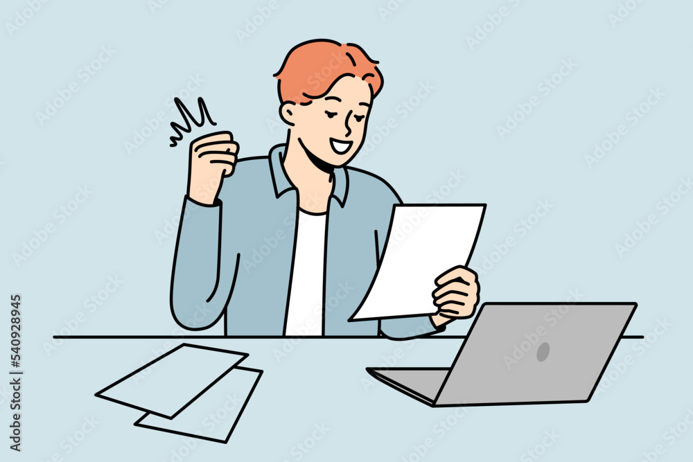 Smiling young man sit at desk work on computer excited with good news in letter. Happy guy celebrate promotion or win notification in paperwork. Vector illustration. Smiling young man sit at desk work on computer excited with good news in letter. Happy guy celebrate promotion or win notification in paperwork. Vector illustration.