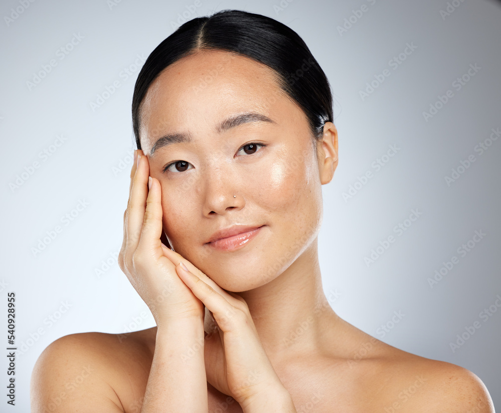 Beauty brand, skincare and dermatology treatment with woman using asian product routine for clean and healthy face and skin. Portrait of happy female model feeling luxury cosmetics results on body Beauty brand, skincare and dermatology treatment with woman using asian product routine for clean and healthy face and skin. Portrait of happy female model feeling luxury cosmetics results on body