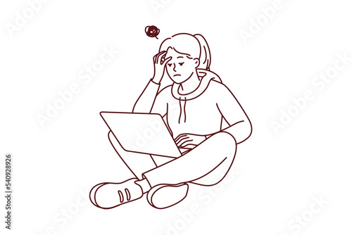 Female student work on laptop thinking suffer from inspiration lack. Stressed woman study on computer struggle with distraction. Vector illustration.