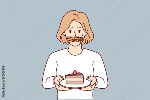 Unhappy woman with mouth closed refuse from chocolate cake. Stressed girl follow diet cover mouth from dessert. Vector illustration. 