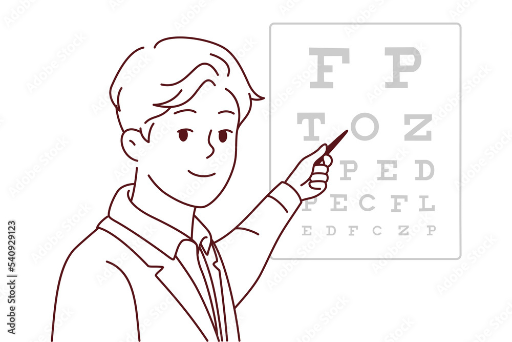 Smiling male doctor in white uniform show letters on board for patient. Happy ophthalmologist or eye specialist do checkup for patient. Vector illustration. Smiling male doctor in white uniform show letters on board for patient. Happy ophthalmologist or eye specialist do checkup for patient. Vector illustration.