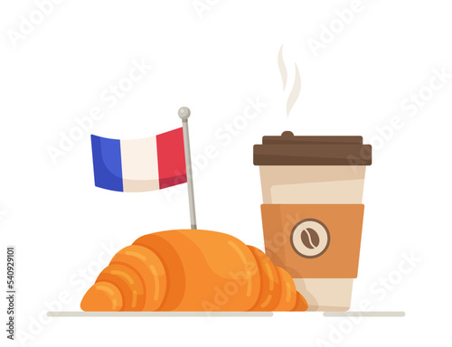 French breakfast banner on white background. Vector illustration of a traditional French dish. Fresh croissant and hot coffee.