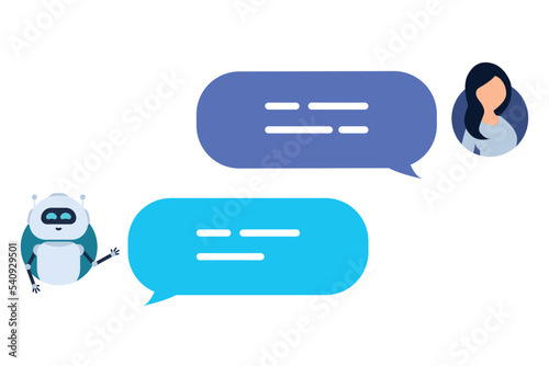 Chatbot concept. User ask robot the question and get an answer. Woman chatting with cute smiling robot. Dialog with bot. Customer service help. Vector illustration