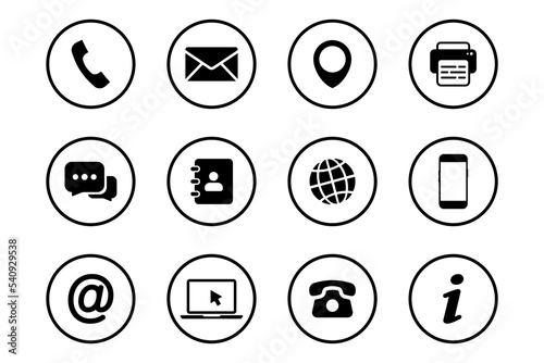 Contact us icons. Communication icons set. Business card contact information symbols. Set of Contact Us icon of differents styles. Vector illustration