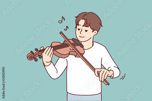 Happy young man playing on violin enjoying music. Smiling guy play on musical instrument. Hobby and entertainment. Vector illustration. 