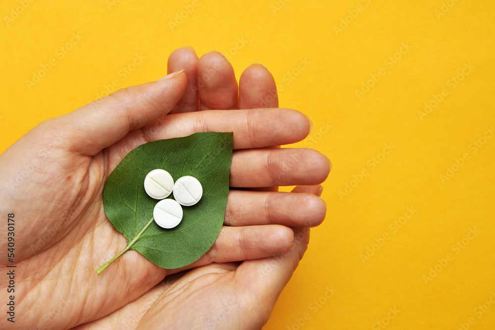 Tablets on a plant leaf. herbal medicine, herbal treatment Tablets on a plant leaf. herbal medicine, herbal treatment
