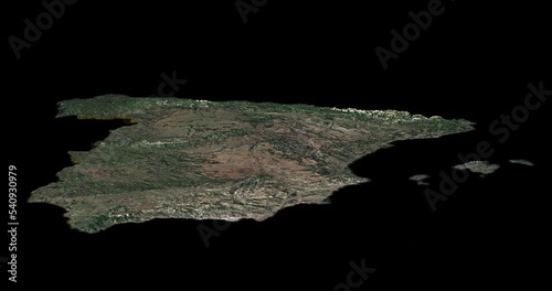 Spain south to north map with 3d relief 4K satellite ground low height